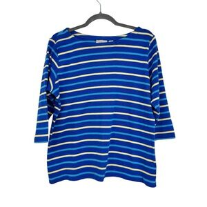 LL Bean Size Large Blue/Yellow Striped Boatneck 3/4 Sleeve Cotton Top